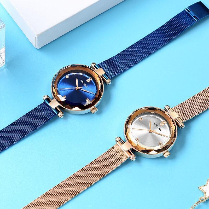 Montre de luxe pour femme, couleur or rose, analogique, design rond étincelant et élégant, bracelet en acier inoxydable.