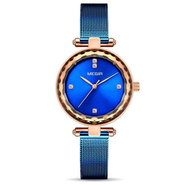 Montre de luxe pour femme, couleur or rose, analogique, design rond étincelant et élégant, bracelet en acier inoxydable.