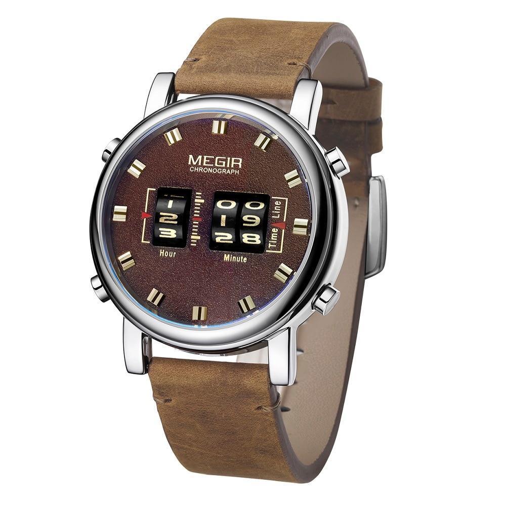 Nouvelles Montres Sport Militaires Luxe Bracelet en Cuir Marron Montre-Bracelet à Quartz Montre à Rouleau Élégante pour Hommes