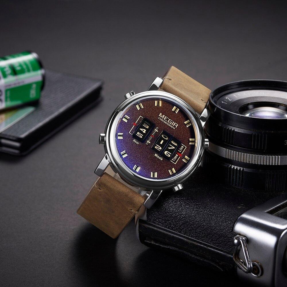 Nouvelles Montres Sport Militaires Luxe Bracelet en Cuir Marron Montre-Bracelet à Quartz Montre à Rouleau Élégante pour Hommes
