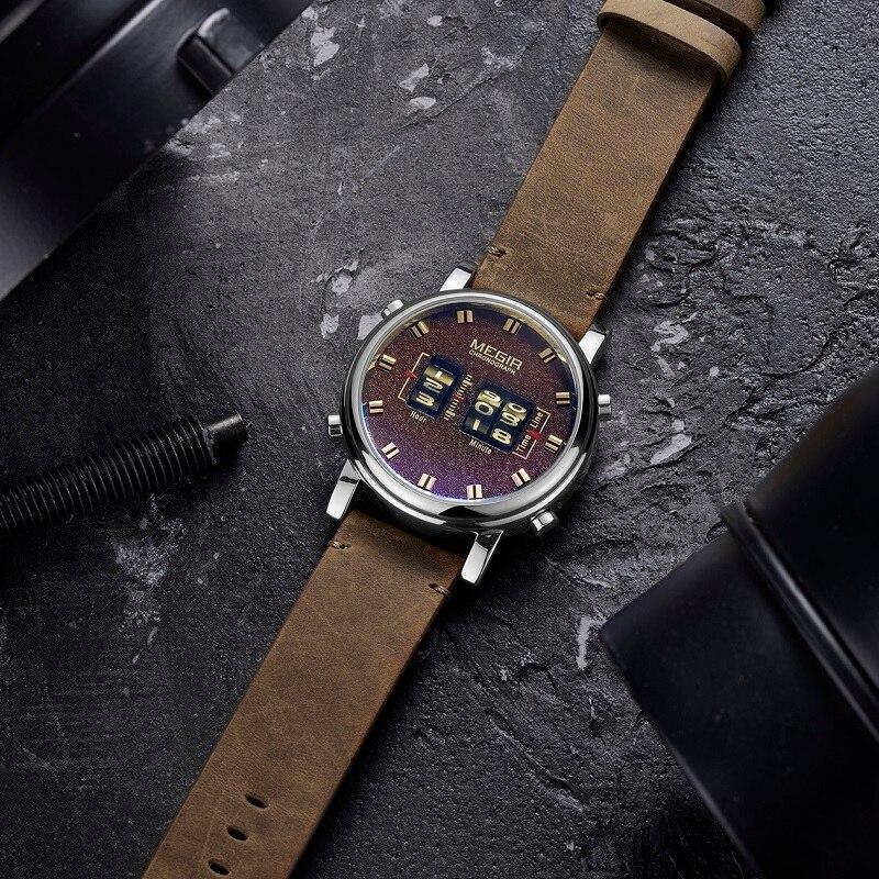 Nouvelles Montres Sport Militaires Luxe Bracelet en Cuir Marron Montre-Bracelet à Quartz Montre à Rouleau Élégante pour Hommes