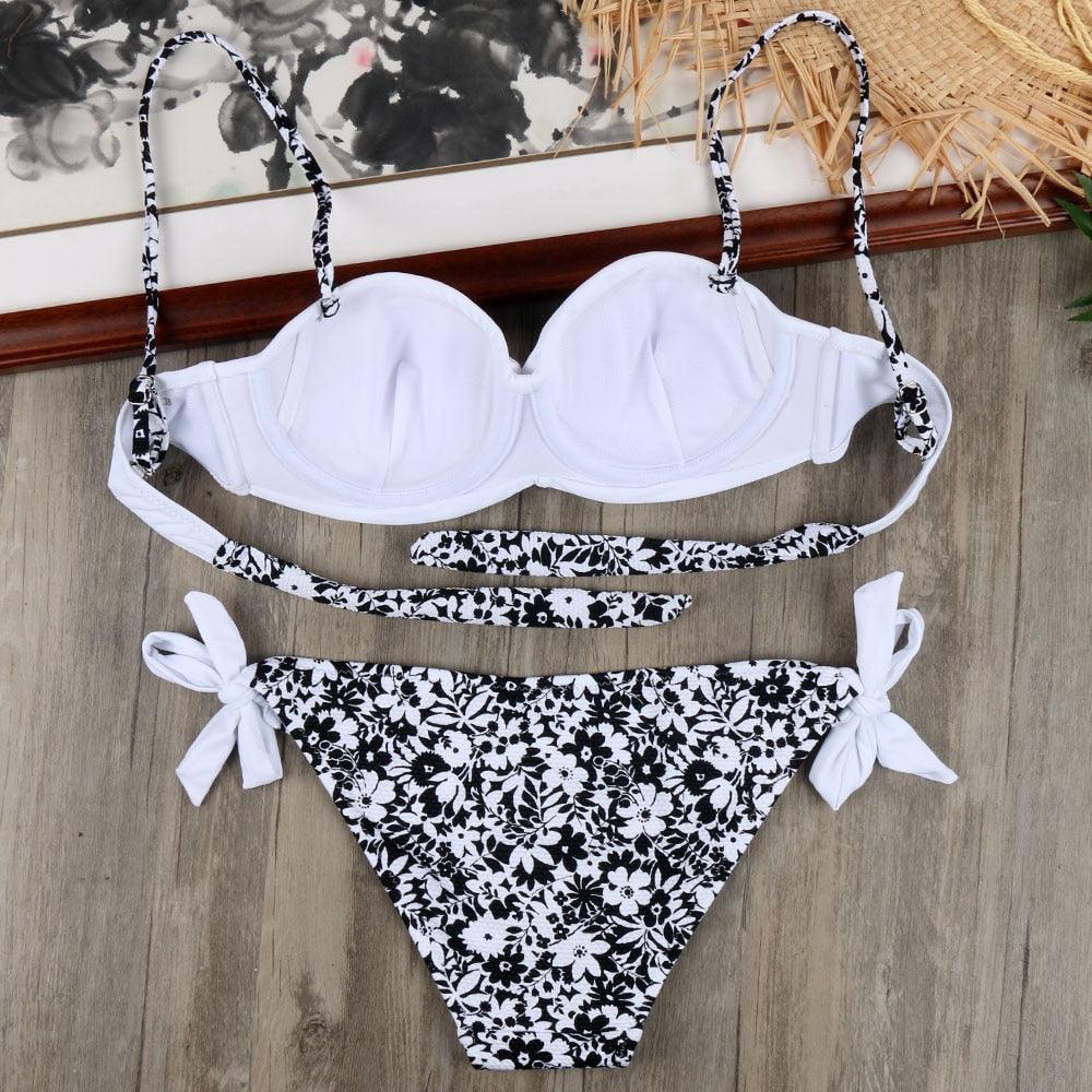 Ensemble de bikinis solides à lanières, maillot de bain push-up blanc, maillot de bain pour femme, bas de bikini côtelé à nouer, maillot de bain string ajustable à lacets pour femme