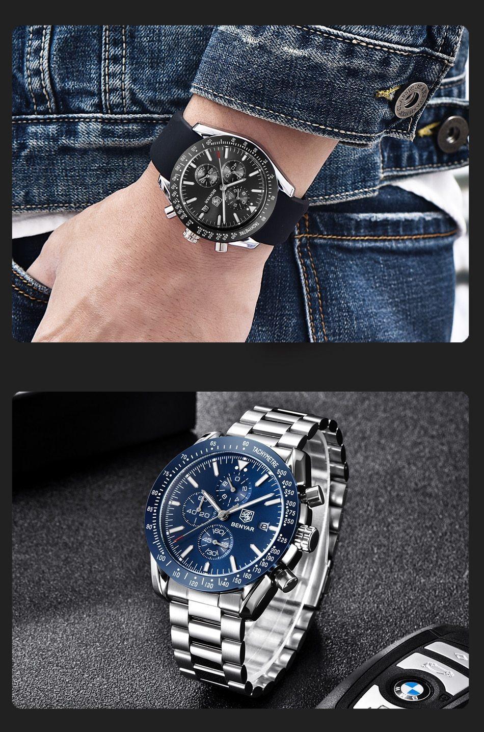 Montre de luxe à quartz pour hommes en acier inoxydable, chronographe analogique étanche et précis