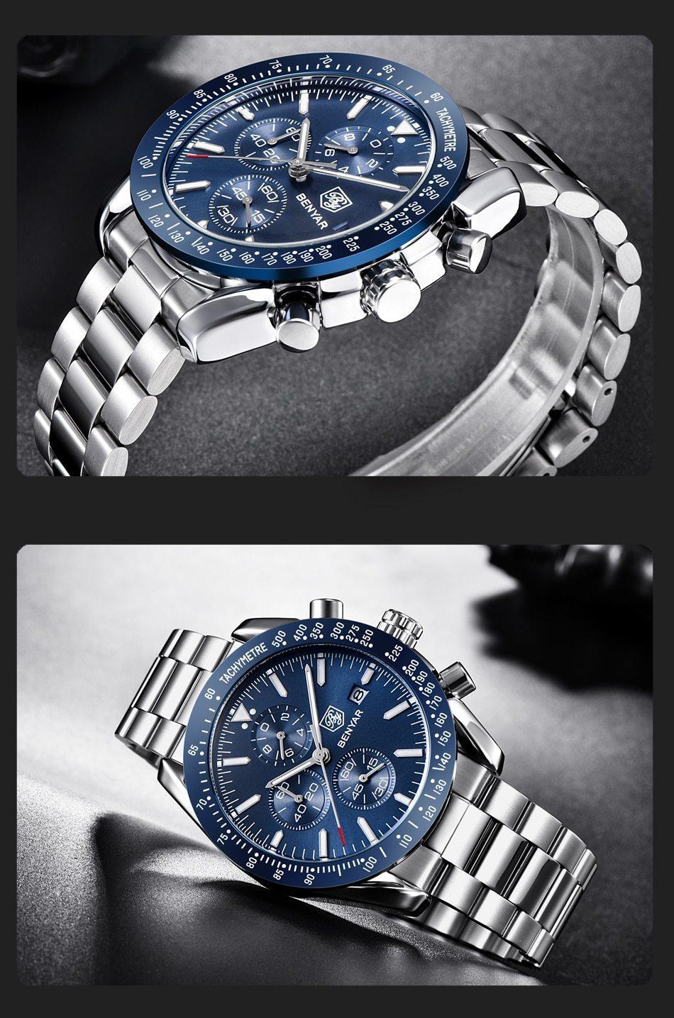 Montre de luxe à quartz pour hommes en acier inoxydable, chronographe analogique étanche et précis