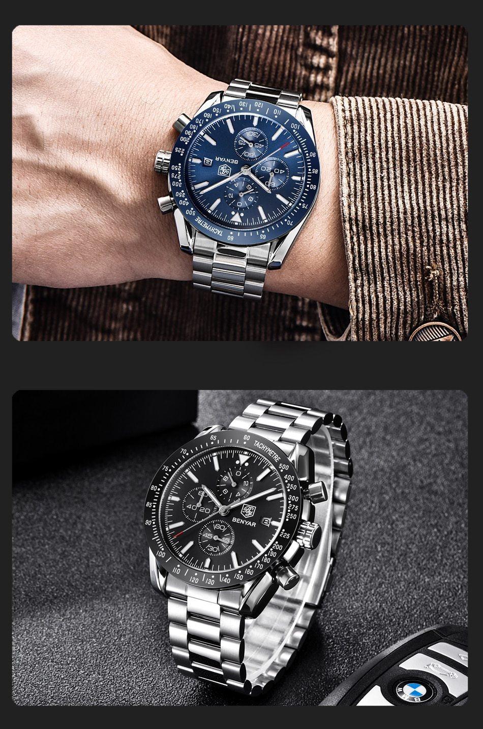 Montre de luxe à quartz pour hommes en acier inoxydable, chronographe analogique étanche et précis
