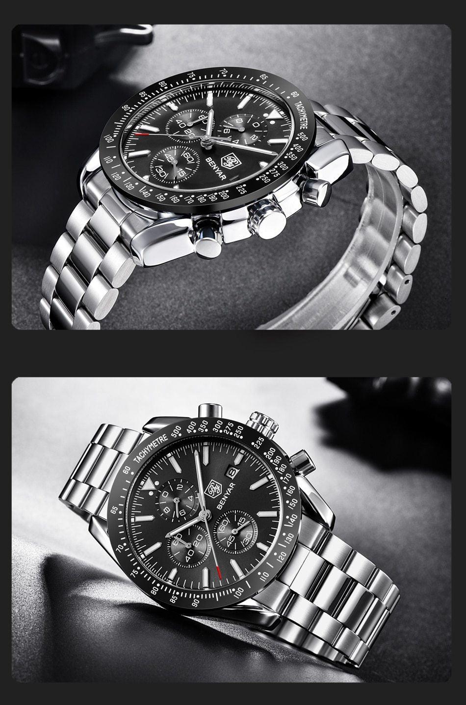 Montre de luxe à quartz pour hommes en acier inoxydable, chronographe analogique étanche et précis