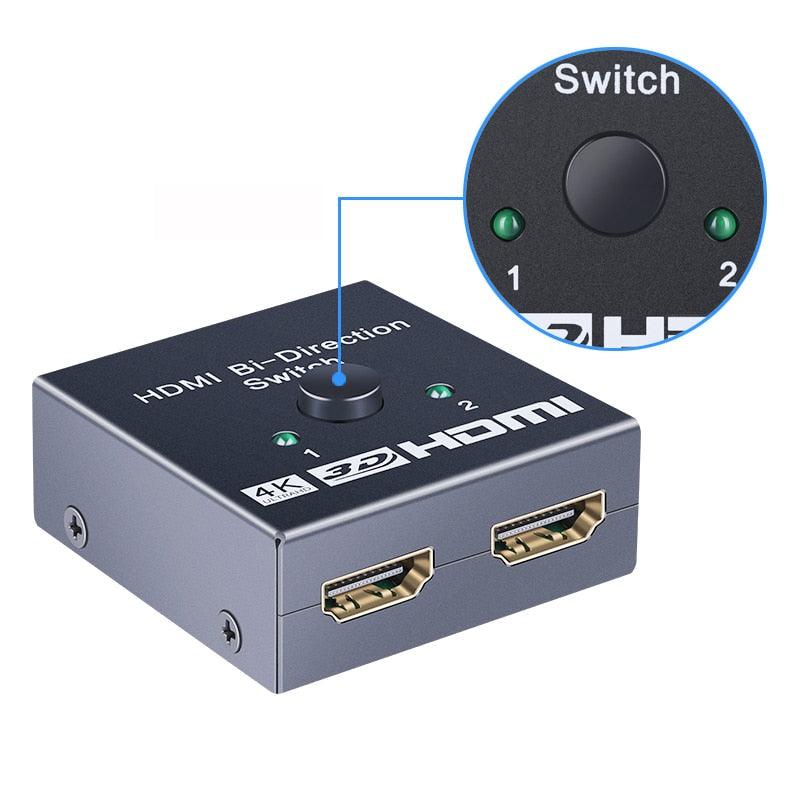 Commutateur Répartiteur HDMI 4K 2 Ports, Commutateur HDMI Bidirectionnel 2 Ports, Sélecteur d'Affichage, Prise en Charge Ultra HD 4K 1080P 3D HDR pour HDTV Gaming
