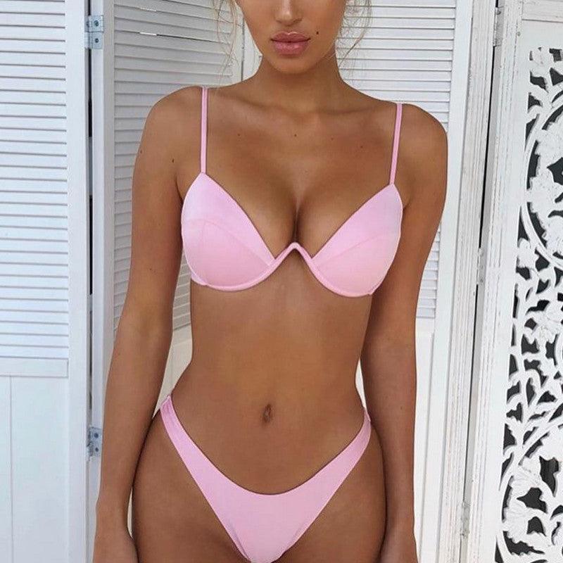 Ensemble de bikini push-up non rembourré pour femme, 4 couleurs, bandage, maillot de bain, bas string, deux pièces, bikini simple, maillot de bain, maillots de bain