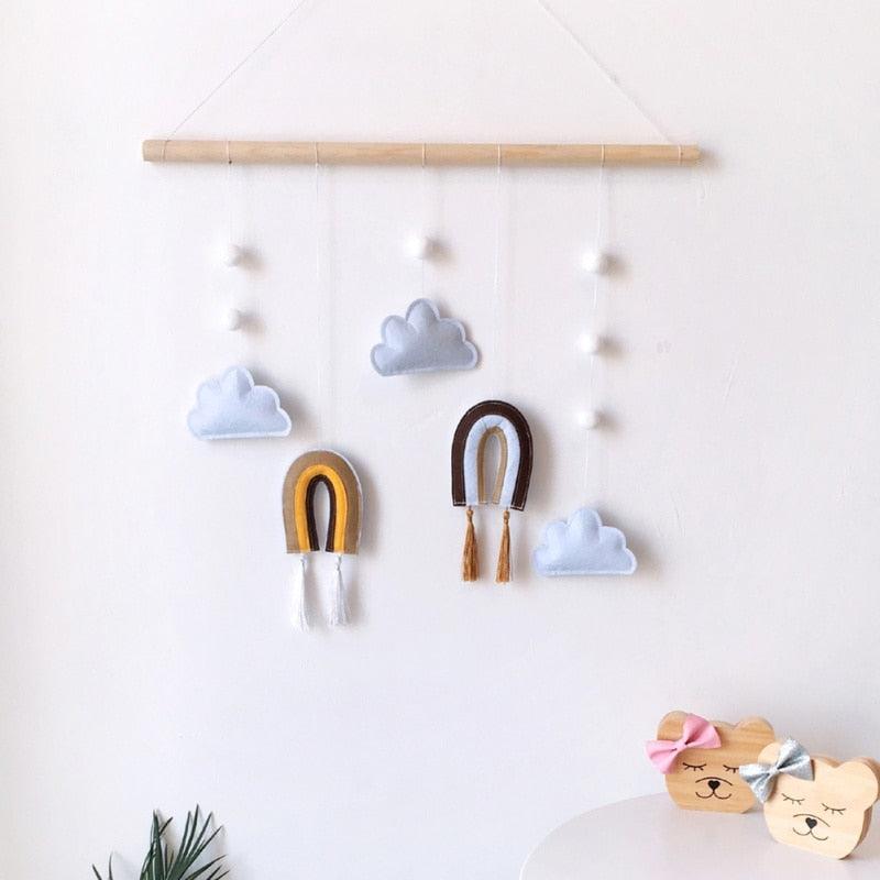 Nuage en feutre mignon de style nordique plus sain, fait à la main, suspension murale, conte de fées, ornement en bois, pompon, pendentif, décorations à suspendre pour chambre d'enfant, accessoires de photographie