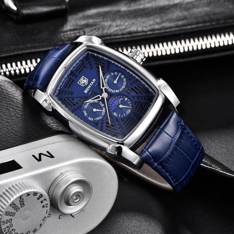 Montre carrée de luxe pour homme, analogique, étanche, à quartz, sport, bracelet en cuir élégant, design business pour homme