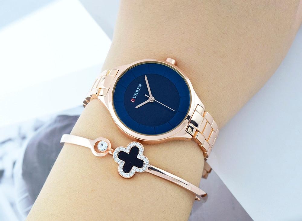 Montre-bracelet de luxe dorée pour femme, en acier inoxydable, à quartz analogique, étanche
