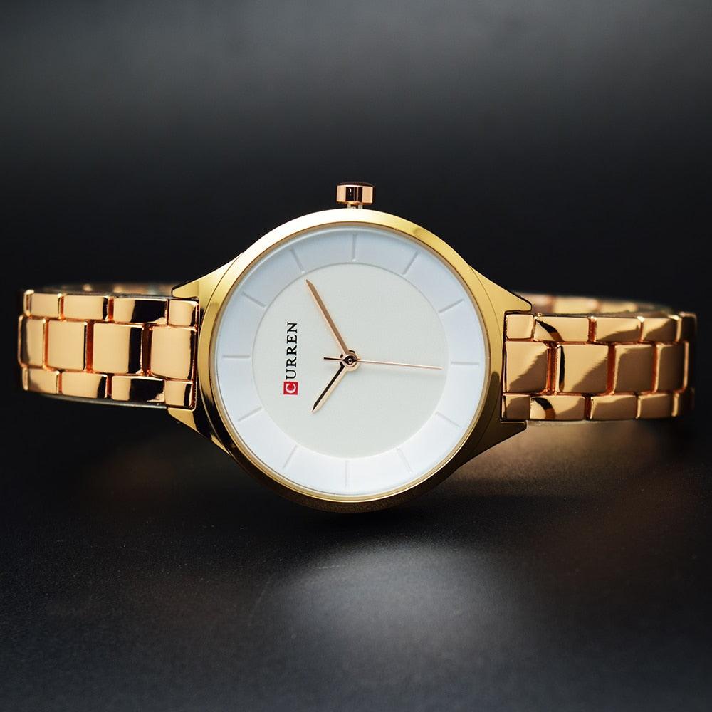 Montre-bracelet de luxe dorée pour femme, en acier inoxydable, à quartz analogique, étanche