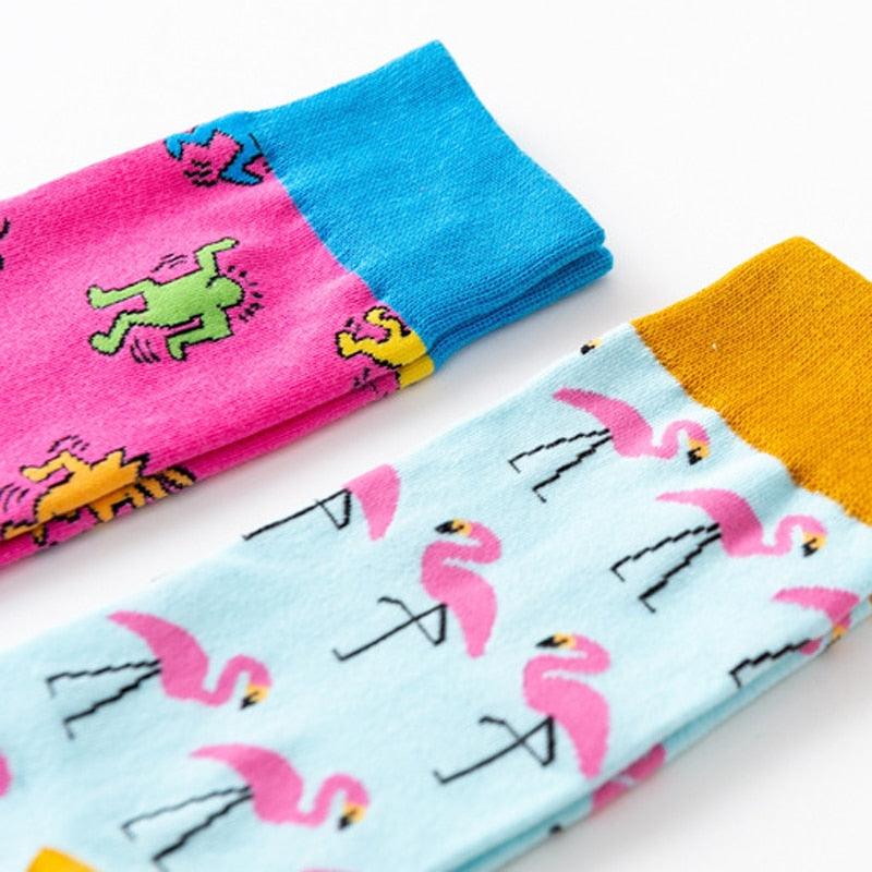 Nouvelle mode en pur coton doux, motif animaux de dessin animé, chaussettes décontractées, flamant rose cœur amoureux, chaussettes courtes et mignonnes pour femmes et hommes