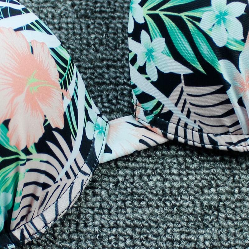 Maillot de bain bikini push-up imprimé floral pour femme - Ensemble de bikinis brésiliens - Vêtements de plage pour femme - Maillots de bain bikini imprimés floraux 2 pièces