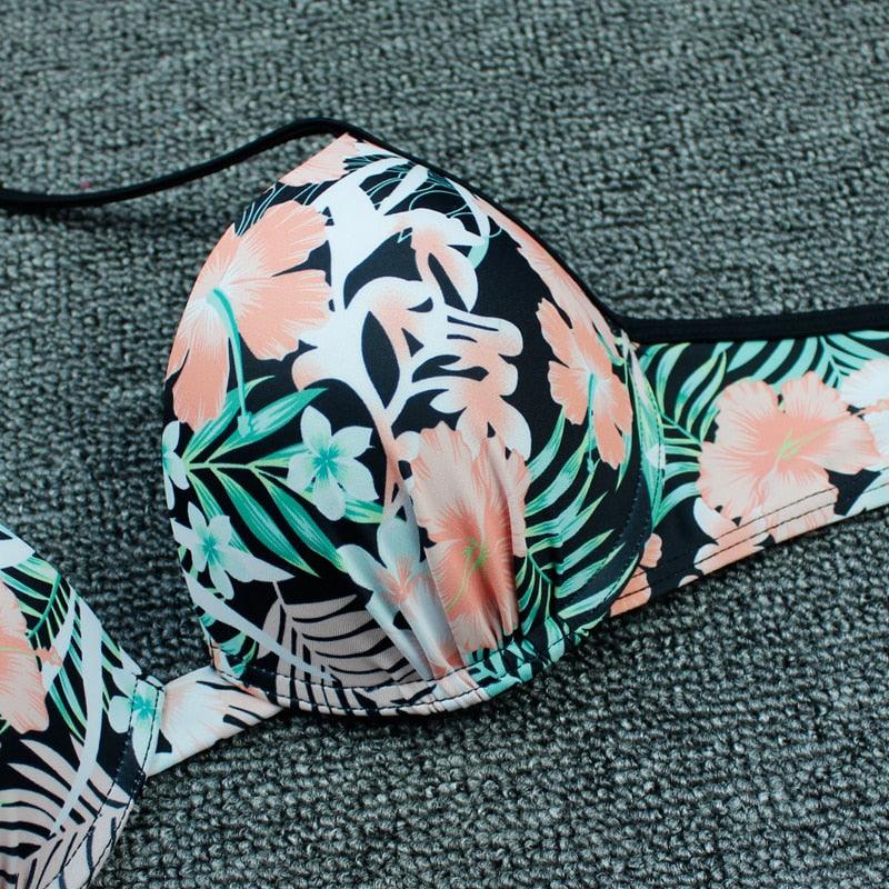 Maillot de bain bikini push-up imprimé floral pour femme - Ensemble de bikinis brésiliens - Vêtements de plage pour femme - Maillots de bain bikini imprimés floraux 2 pièces