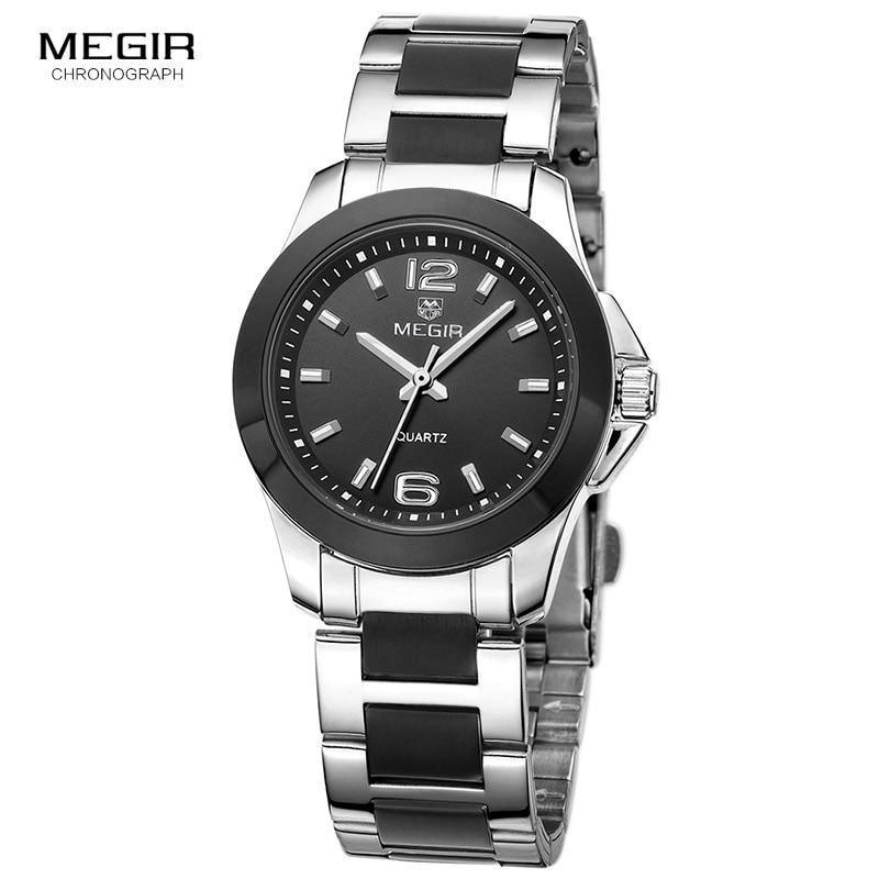 Montre-bracelet à Quartz classique analogique noire argentée pour femmes, étanche et élégante, en acier inoxydable
