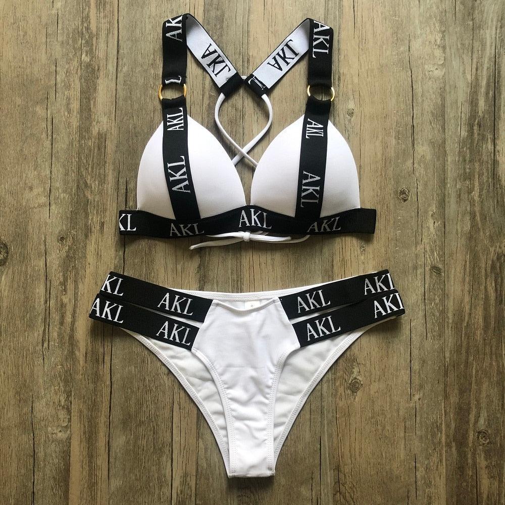 Ensemble de Bikini de Luxe pour Femmes, Maillot de Bain Imprimé Lettres, Push Up, Bandage, Maillot de Bain Noir pour Femmes, Maillot de Bain de Natation