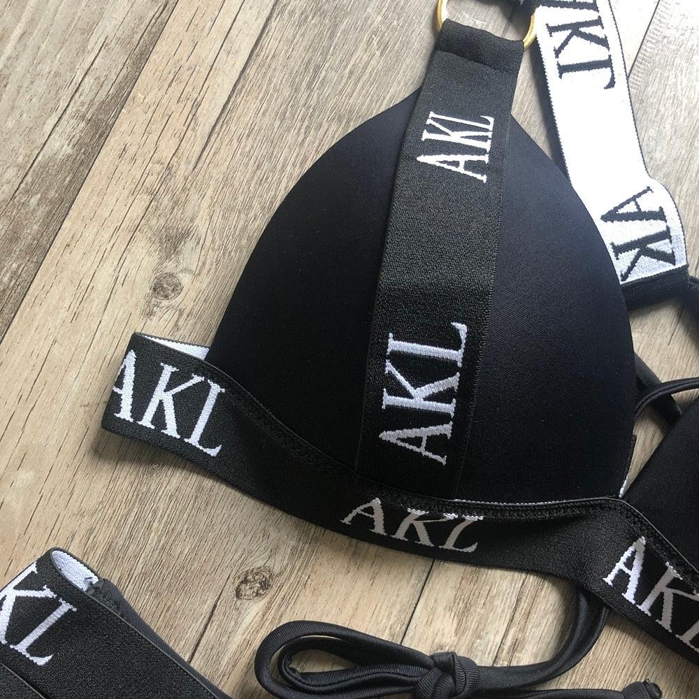 Ensemble de Bikini de Luxe pour Femmes, Maillot de Bain Imprimé Lettres, Push Up, Bandage, Maillot de Bain Noir pour Femmes, Maillot de Bain de Natation