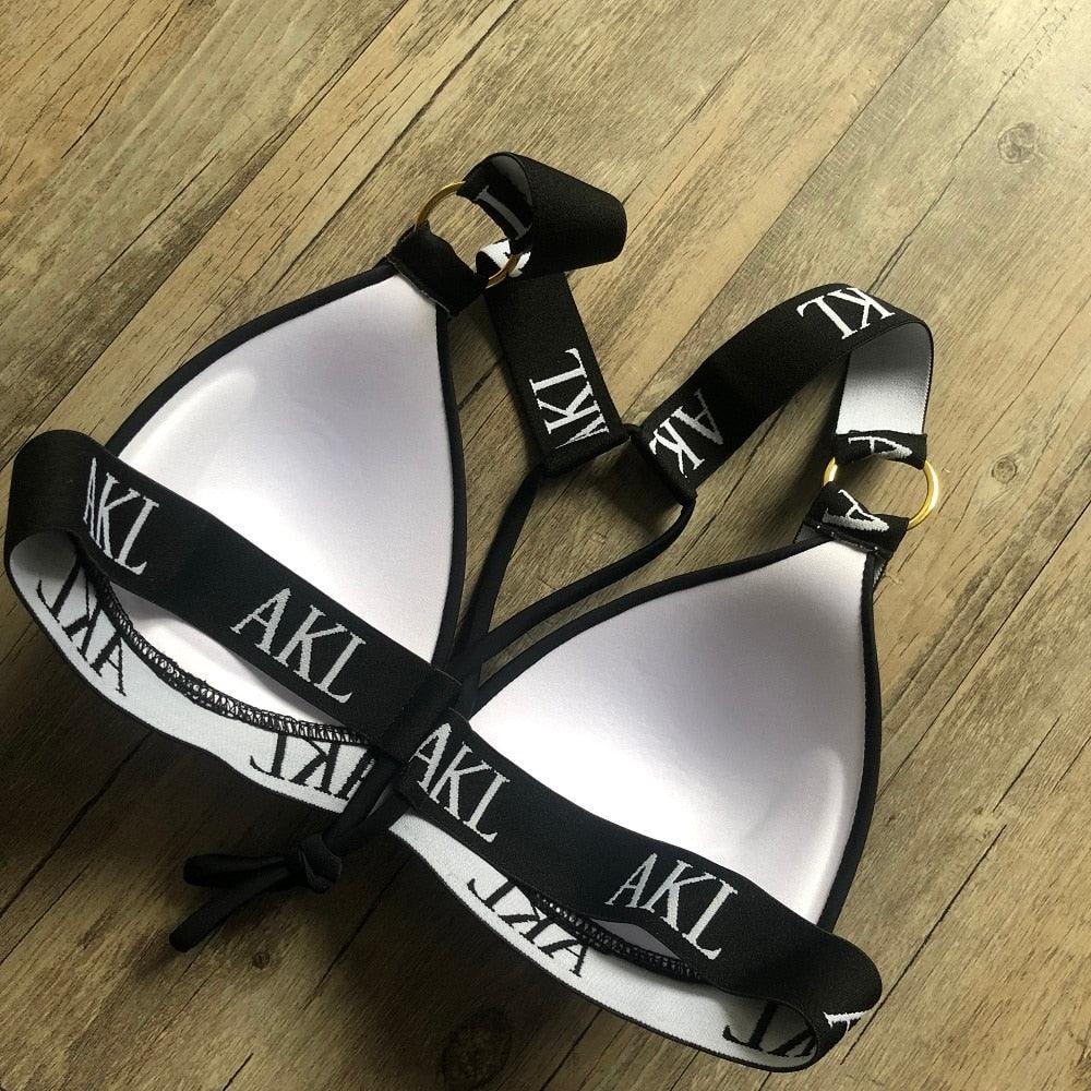 Ensemble de Bikini de Luxe pour Femmes, Maillot de Bain Imprimé Lettres, Push Up, Bandage, Maillot de Bain Noir pour Femmes, Maillot de Bain de Natation