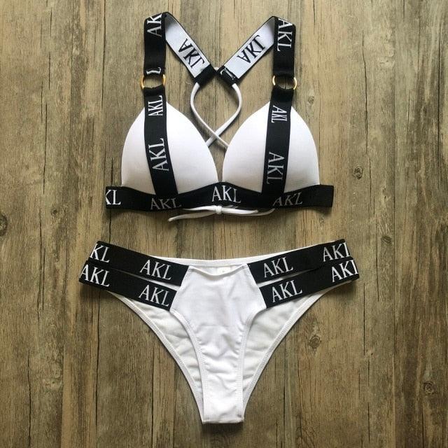 Ensemble de Bikini de Luxe pour Femmes, Maillot de Bain Imprimé Lettres, Push Up, Bandage, Maillot de Bain Noir pour Femmes, Maillot de Bain de Natation