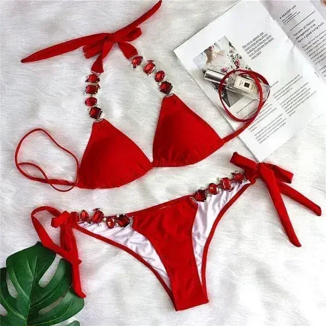 Bikini Sexy push-up Maillot de bain femme cristal Maillot de bain dos nu femme Nœud