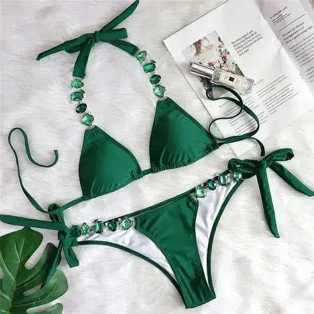 Bikini Sexy push-up Maillot de bain femme cristal Maillot de bain dos nu femme Nœud