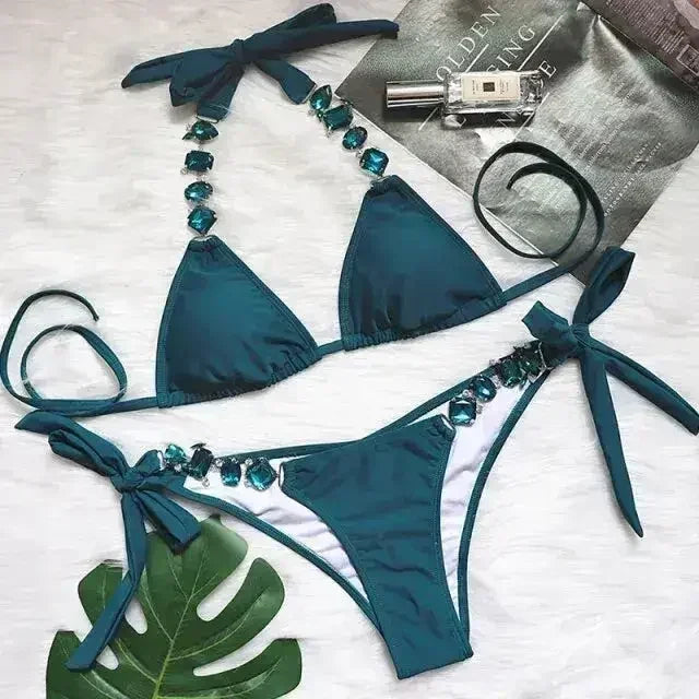 Bikini Sexy push-up Maillot de bain femme cristal Maillot de bain dos nu femme Nœud