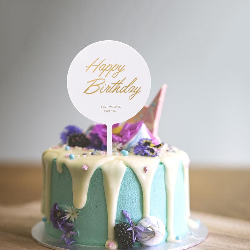 1pcs Décoration de gâteau d'anniversaire en métal Joyeux Anniversaire, Décoration de gâteau en métal et acrylique avec grappe de fleurs artificielles roses pour décoration de fête prénatale, d'anniversaire et de pâtisserie.