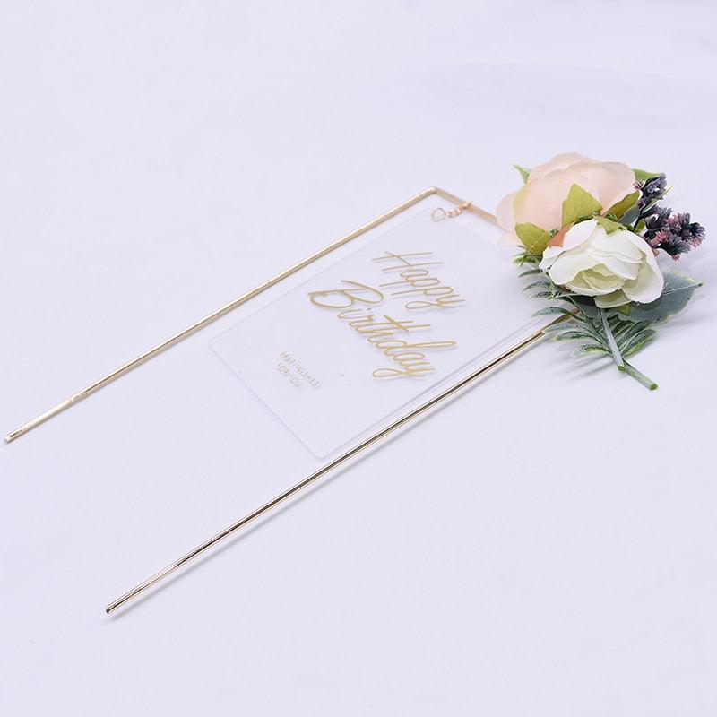 1pcs Décoration de gâteau d'anniversaire en métal Joyeux Anniversaire, Décoration de gâteau en métal et acrylique avec grappe de fleurs artificielles roses pour décoration de fête prénatale, d'anniversaire et de pâtisserie.