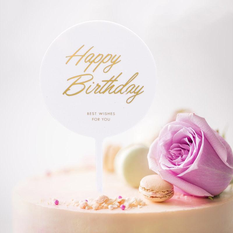 1pcs Décoration de gâteau d'anniversaire en métal Joyeux Anniversaire, Décoration de gâteau en métal et acrylique avec grappe de fleurs artificielles roses pour décoration de fête prénatale, d'anniversaire et de pâtisserie.
