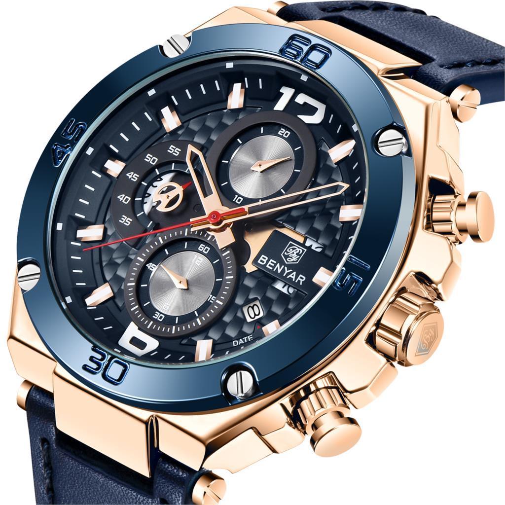 Montre-bracelet homme de luxe multifonction 2021, à quartz, avec bracelet en cuir véritable, chronographe sportif étanche