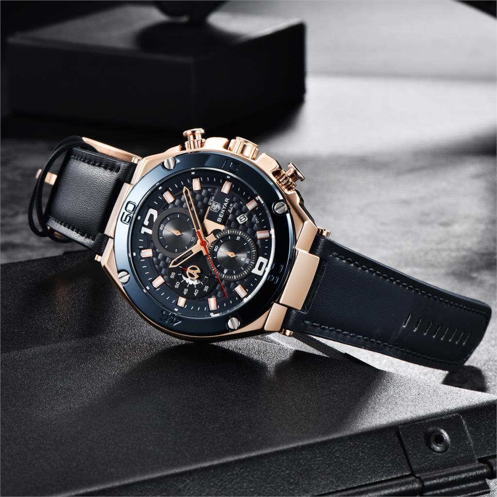 Montre-bracelet homme de luxe multifonction 2021, à quartz, avec bracelet en cuir véritable, chronographe sportif étanche