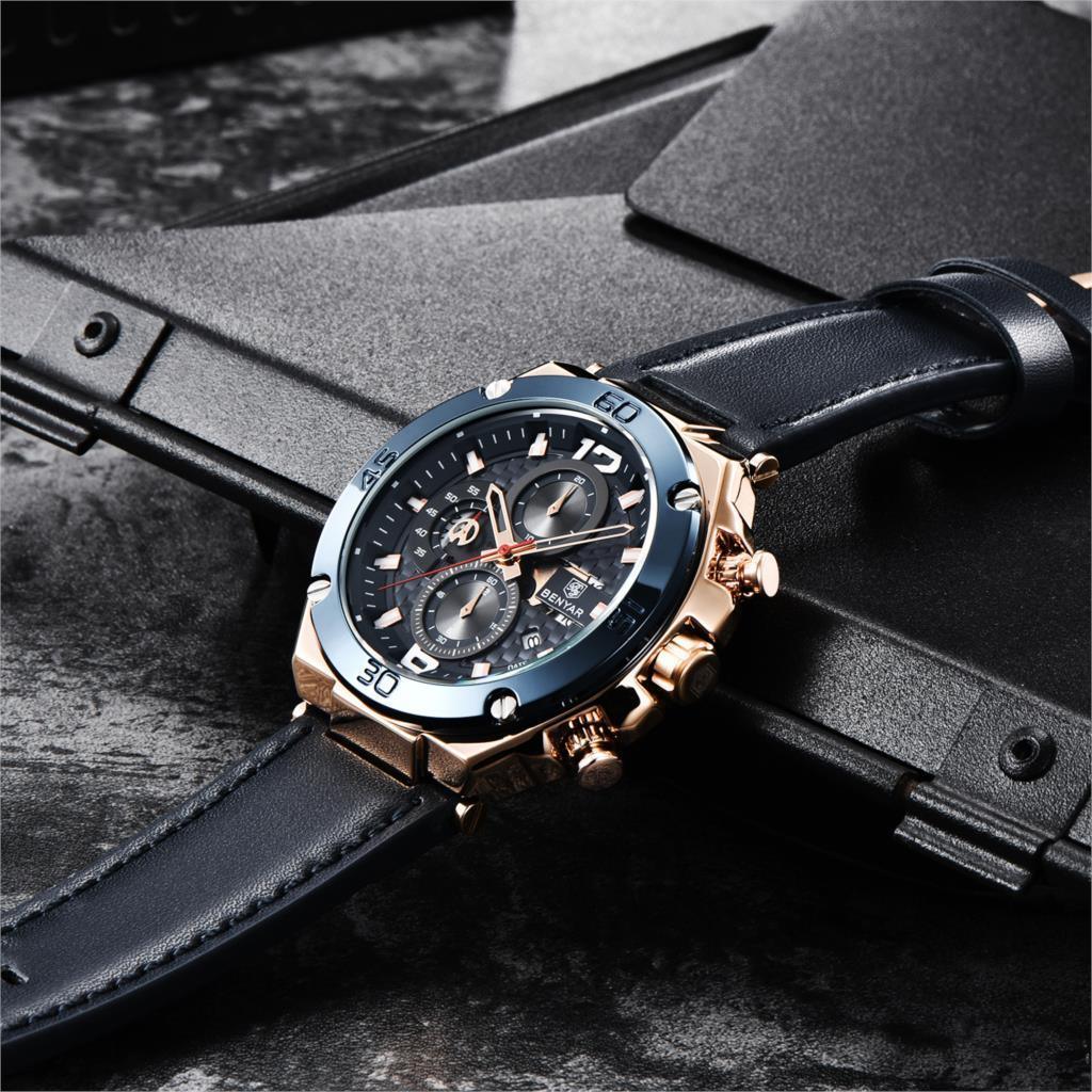 Montre-bracelet homme de luxe multifonction 2021, à quartz, avec bracelet en cuir véritable, chronographe sportif étanche