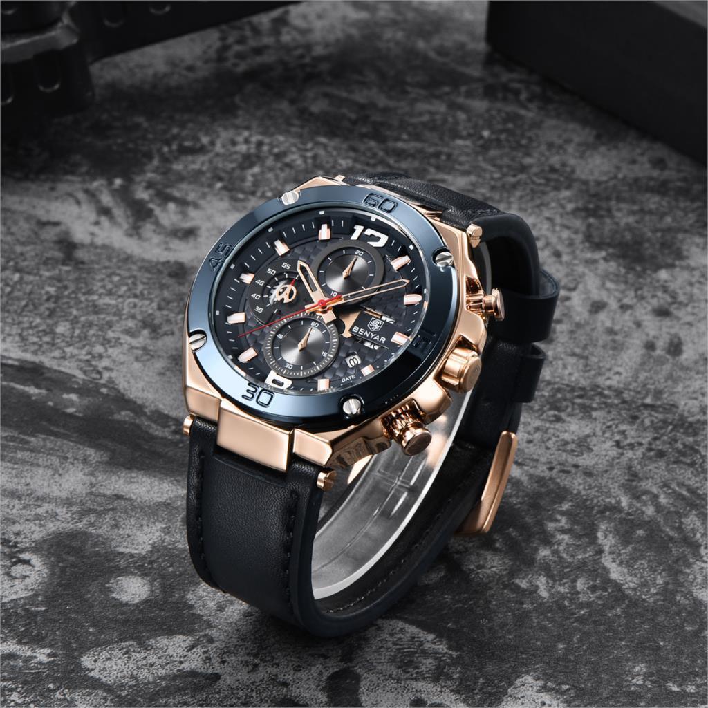Montre-bracelet homme de luxe multifonction 2021, à quartz, avec bracelet en cuir véritable, chronographe sportif étanche