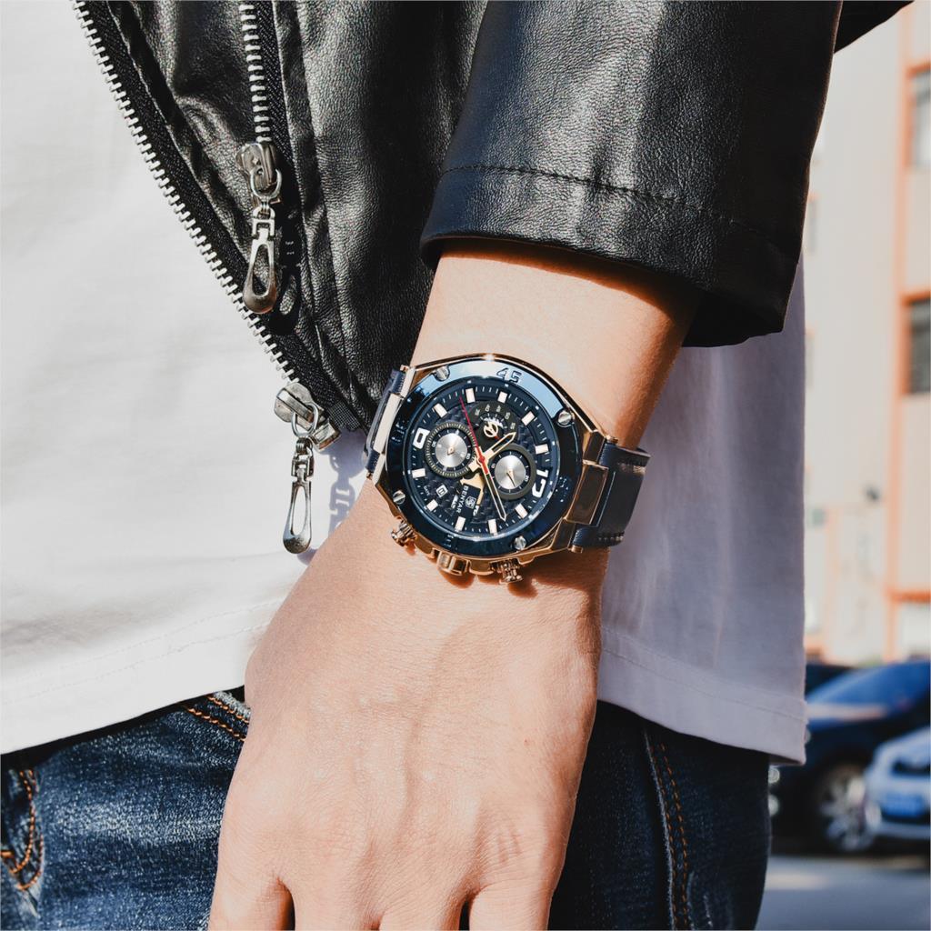 Montre-bracelet homme de luxe multifonction 2021, à quartz, avec bracelet en cuir véritable, chronographe sportif étanche