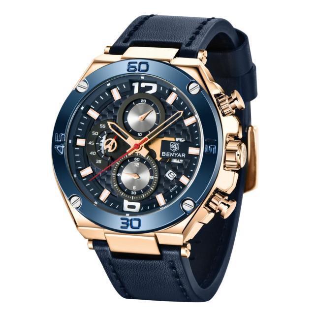 Montre-bracelet homme de luxe multifonction 2021, à quartz, avec bracelet en cuir véritable, chronographe sportif étanche
