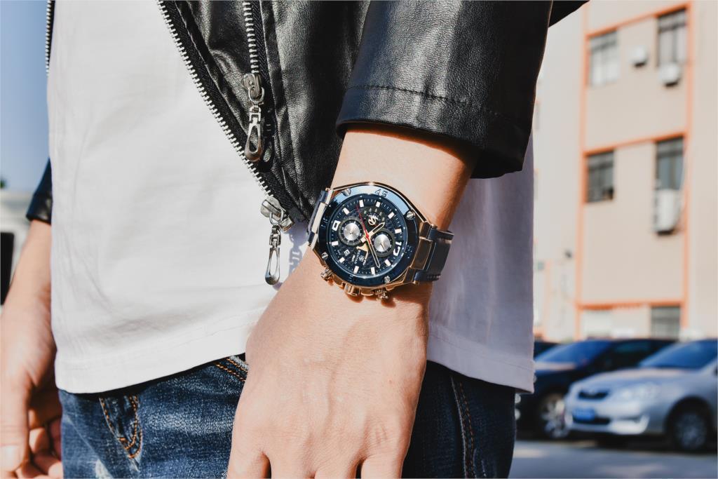 Montre-bracelet homme de luxe multifonction 2021, à quartz, avec bracelet en cuir véritable, chronographe sportif étanche