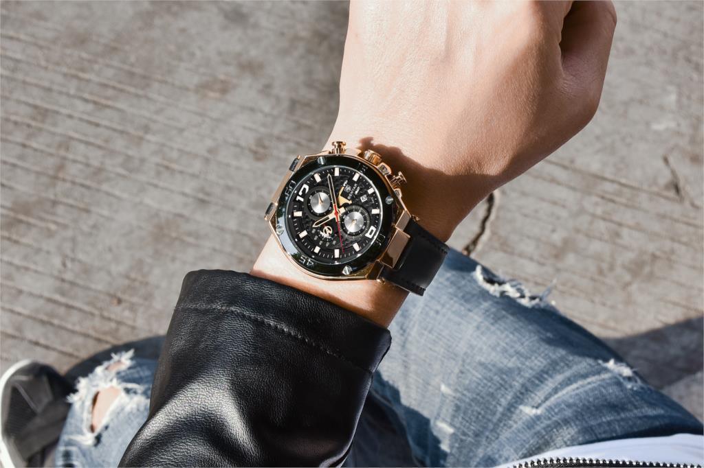Montre-bracelet homme de luxe multifonction 2021, à quartz, avec bracelet en cuir véritable, chronographe sportif étanche