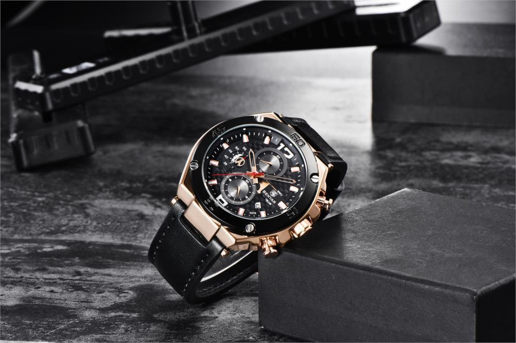 Montre-bracelet homme de luxe multifonction 2021, à quartz, avec bracelet en cuir véritable, chronographe sportif étanche