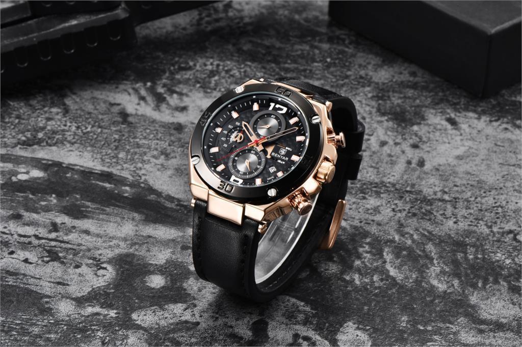 Montre-bracelet homme de luxe multifonction 2021, à quartz, avec bracelet en cuir véritable, chronographe sportif étanche