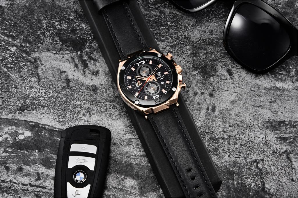 Montre-bracelet homme de luxe multifonction 2021, à quartz, avec bracelet en cuir véritable, chronographe sportif étanche