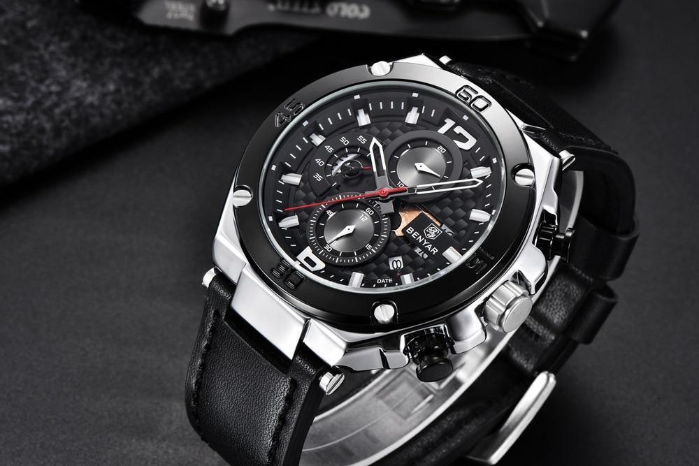 Montre-bracelet homme de luxe multifonction 2021, à quartz, avec bracelet en cuir véritable, chronographe sportif étanche