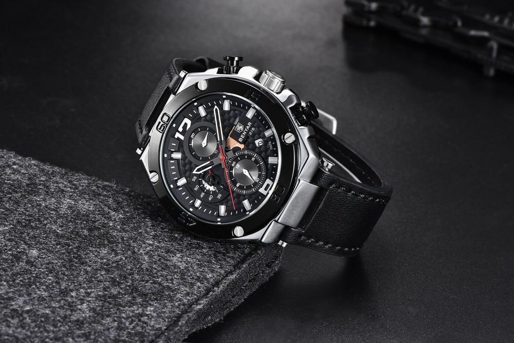 Montre-bracelet homme de luxe multifonction 2021, à quartz, avec bracelet en cuir véritable, chronographe sportif étanche