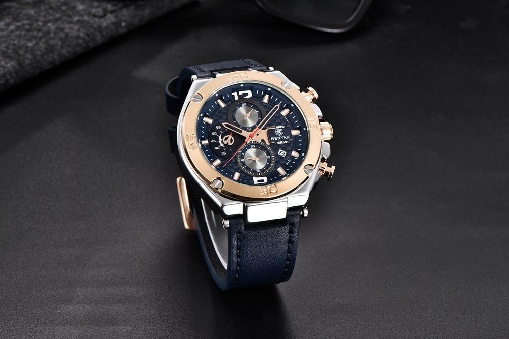 Montre-bracelet homme de luxe multifonction 2021, à quartz, avec bracelet en cuir véritable, chronographe sportif étanche