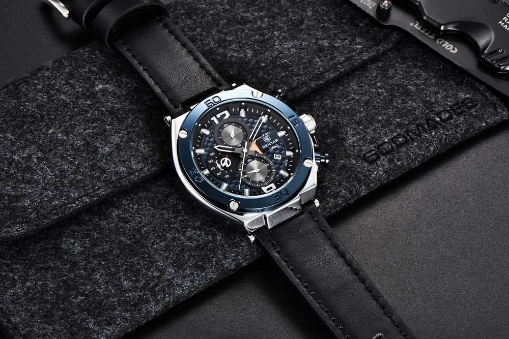 Montre-bracelet homme de luxe multifonction 2021, à quartz, avec bracelet en cuir véritable, chronographe sportif étanche