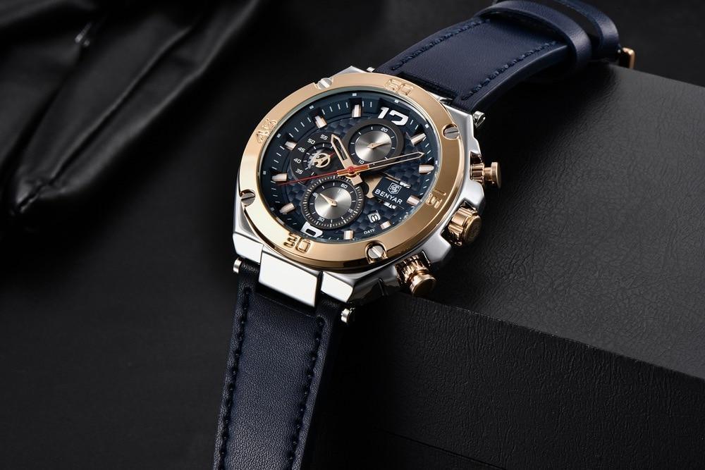 Montre-bracelet homme de luxe multifonction 2021, à quartz, avec bracelet en cuir véritable, chronographe sportif étanche