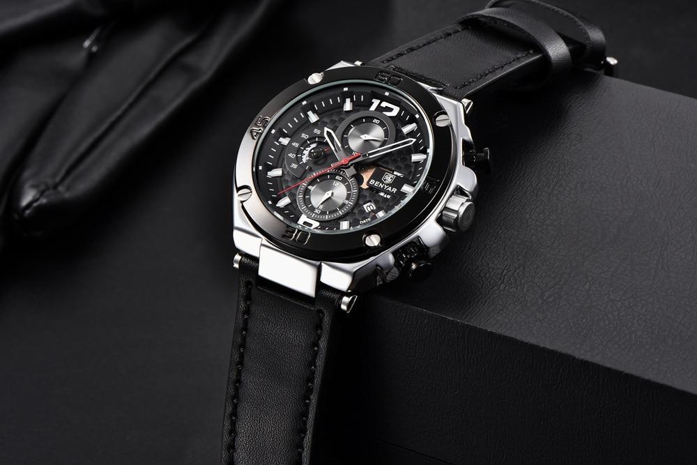Montre-bracelet homme de luxe multifonction 2021, à quartz, avec bracelet en cuir véritable, chronographe sportif étanche