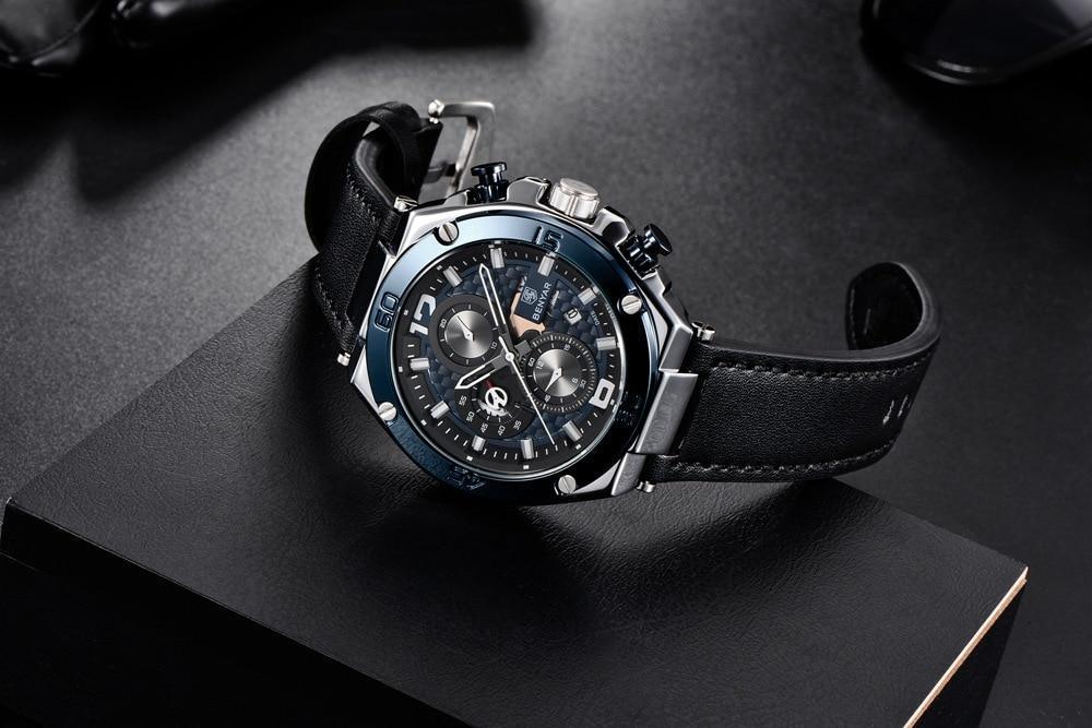 Montre-bracelet homme de luxe multifonction 2021, à quartz, avec bracelet en cuir véritable, chronographe sportif étanche
