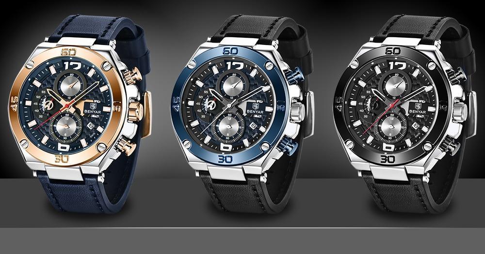Montre-bracelet homme de luxe multifonction 2021, à quartz, avec bracelet en cuir véritable, chronographe sportif étanche