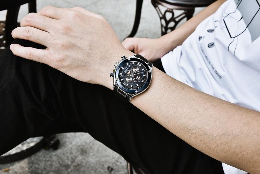 Montre-bracelet homme de luxe multifonction 2021, à quartz, avec bracelet en cuir véritable, chronographe sportif étanche